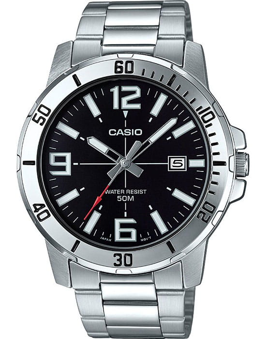 Casio Casio Collection MTP-VD01D-1BVUDF (MTP-VD01D-1B)  MTP-VD01D-1B кварцевые мужские часы черный циферблат, браслет нержавеющая сталь — вид спереди